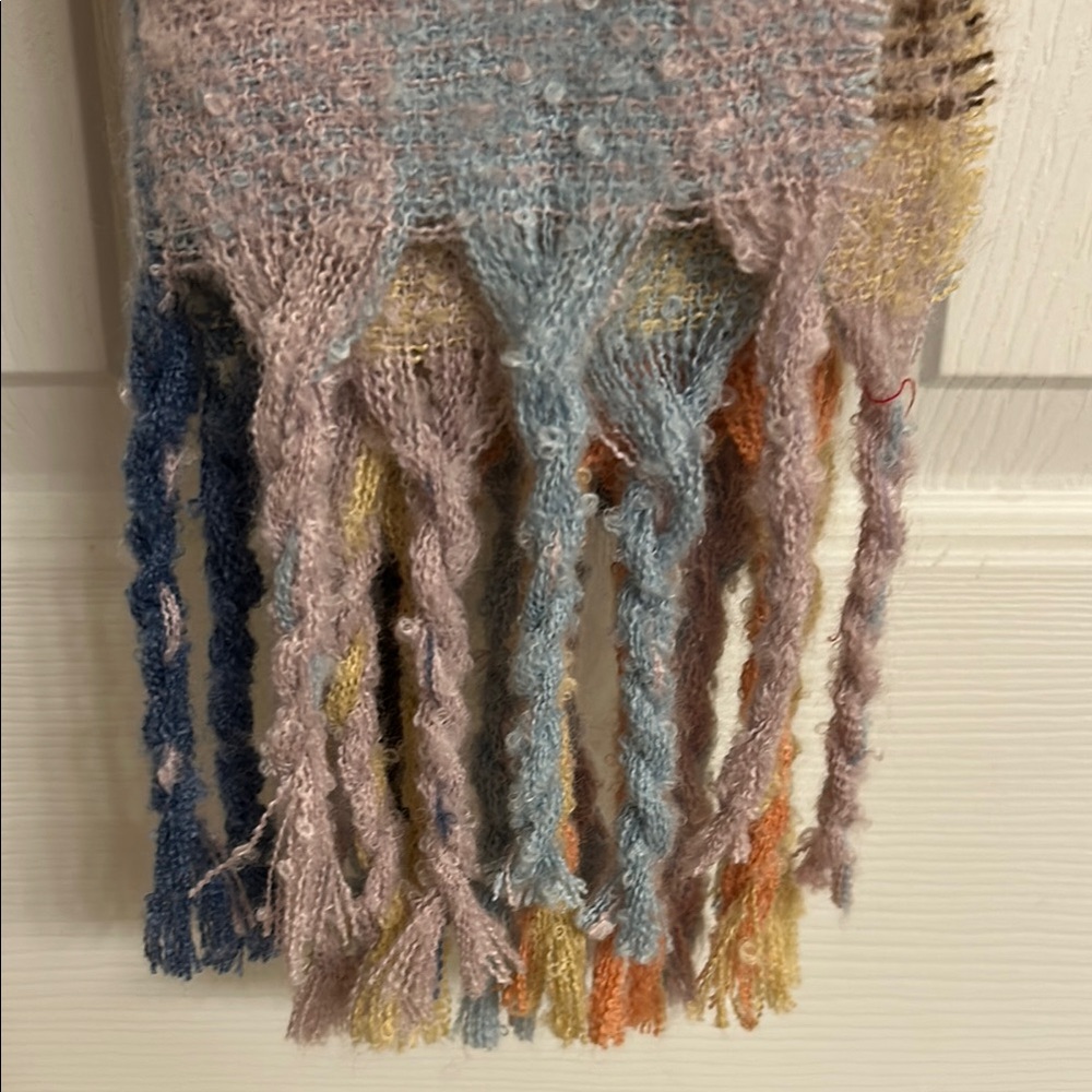Altare Cream Blue Orange Plaid Muffler Scarf with Fringe Detail - Picture 4 of 7